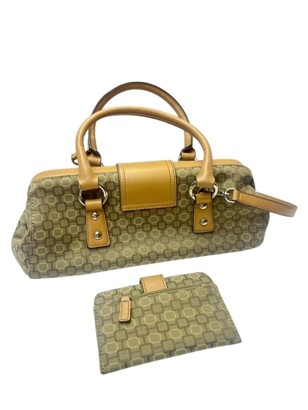 Nine West Beige Jacquard Satchel Bag Shoulder Purse & Wallet Set Charm Keychain - Picture 2 of 11